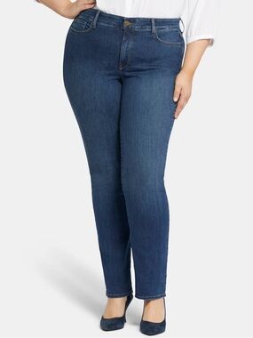 NYDJ Marilyn Straight Leg Dark Blue Wash Jeans Slimming High Waist Stretch